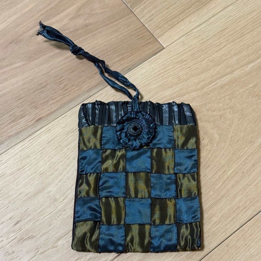 Woven Silk Brocade Mini Bag Blue Gold Pleated Rosette Boho Festival Artisan